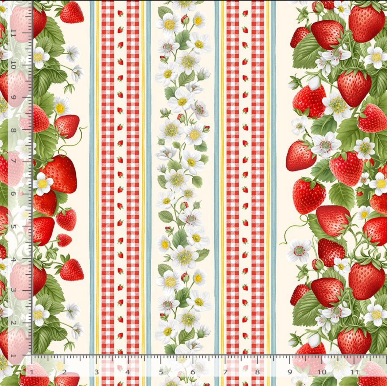Sweet Berry strawberry stripe fabric by Timeless Treasures with red strawberries, white blossoms, gingham, and cream vertical stripes.