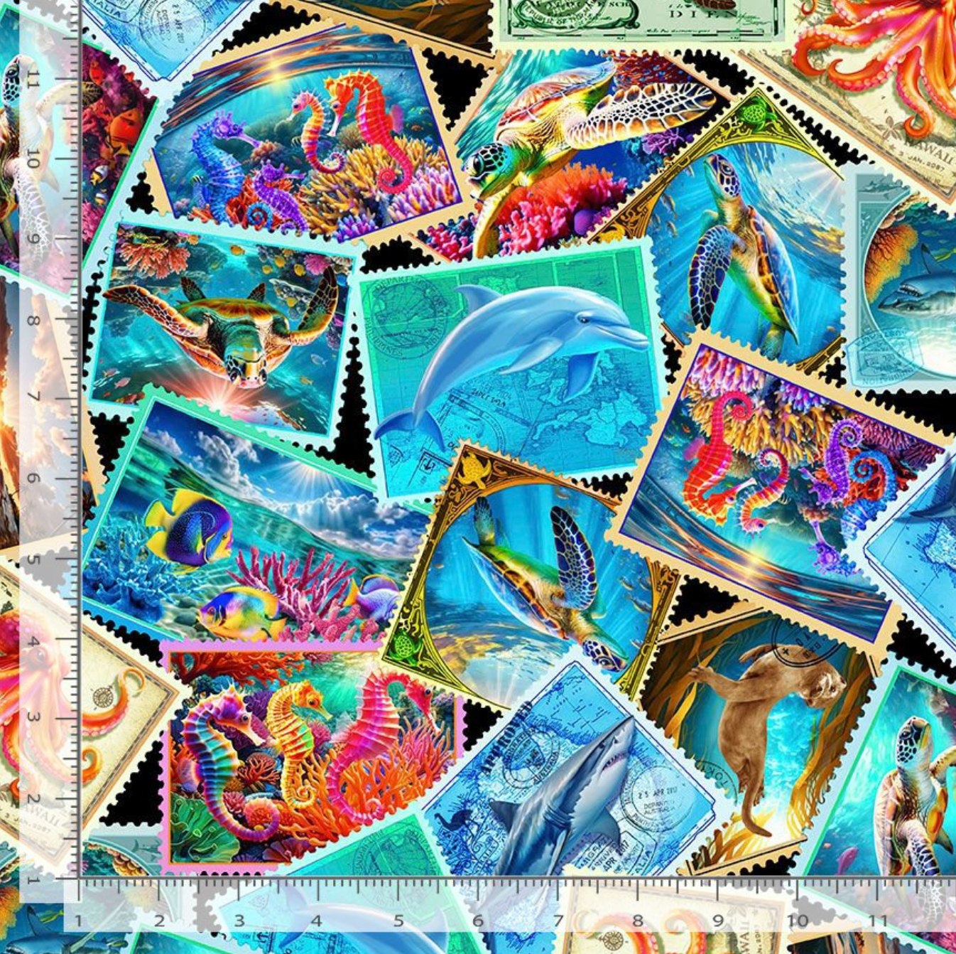 Sea Life Stamps cotton fabric by Timeless Treasures with dolphins, sea turtles, seahorses, tropical fish, coral, and ocean-themed stamps.