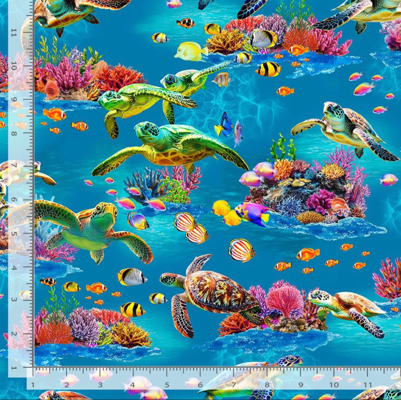 Sea Life cotton fabric by Timeless Treasures featuring sea turtles, tropical fish, colorful coral reefs, and blue ocean water.
