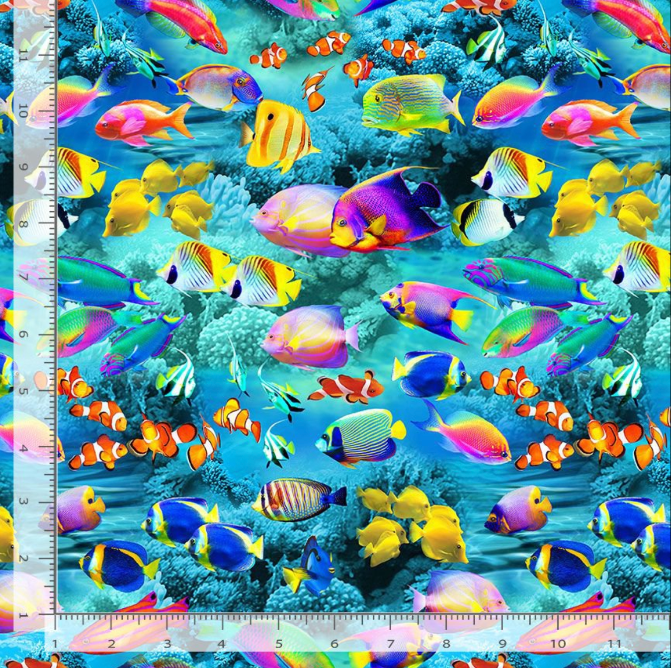 Coral Reef Fish cotton fabric by Timeless Treasures featuring colorful tropical fish swimming through bright blue coral reefs.