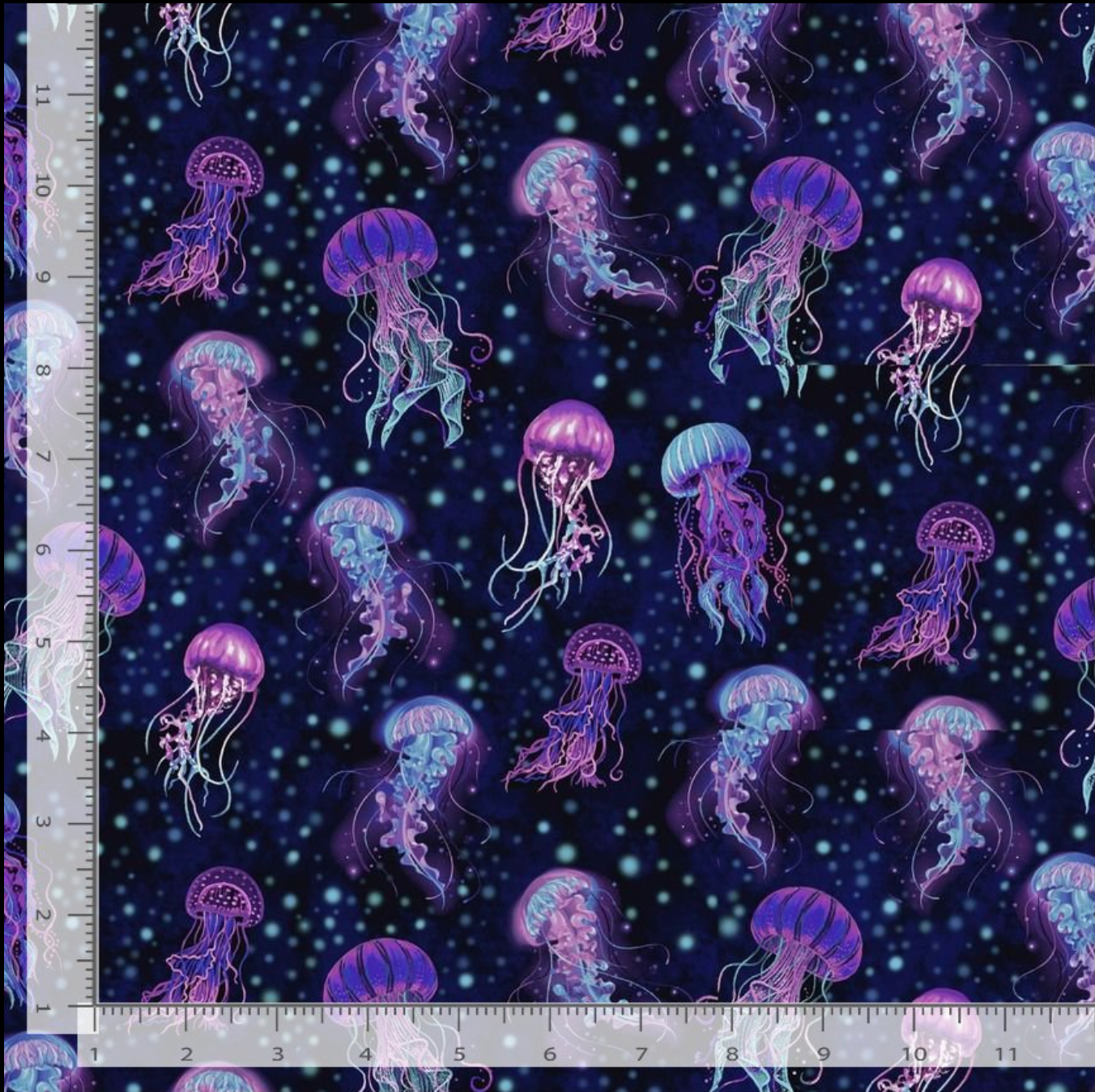 Bioluminescent Jellyfish cotton fabric by Timeless Treasures with purple, violet, aqua, and blue jellyfish on a midnight navy background.