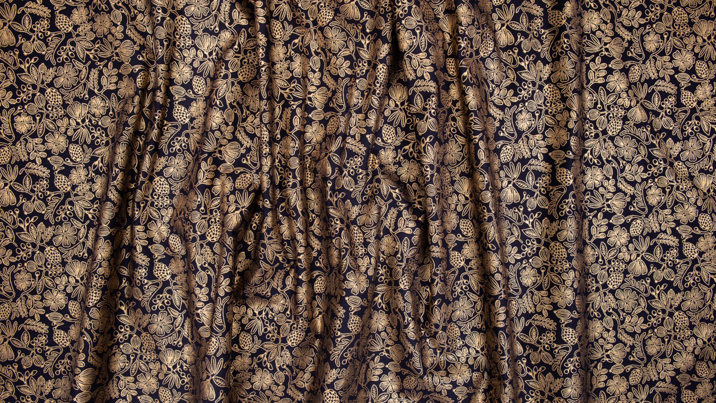 Moxie Florals Black Metallic Fabric by Rifle Paper Co. – bold floral cotton fabric with gold accents from Primavera collection.