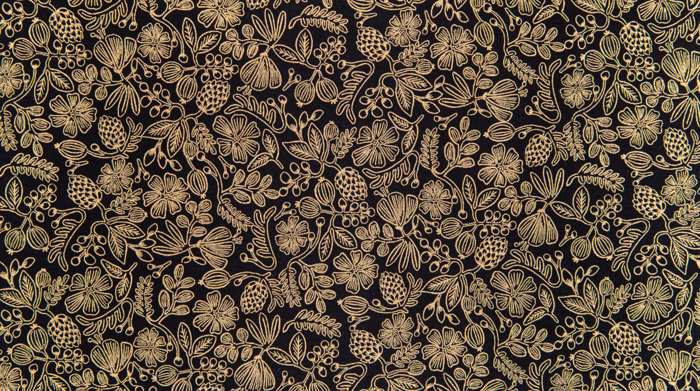 Moxie Florals Black Metallic Fabric by Rifle Paper Co. – bold floral cotton fabric with gold accents from Primavera collection.