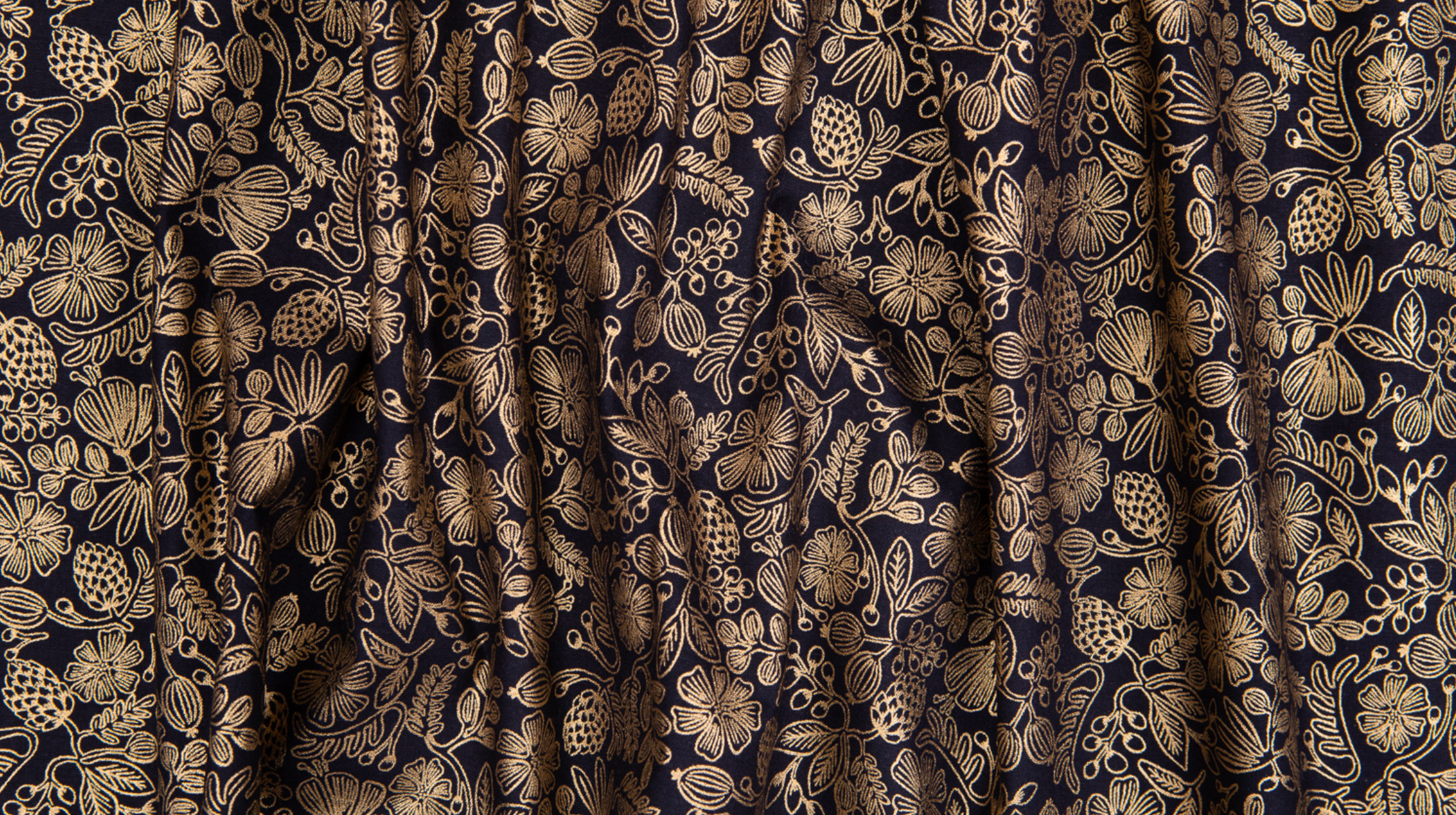Moxie Florals Black Metallic Fabric by Rifle Paper Co. – bold floral cotton fabric with gold accents from Primavera collection.
