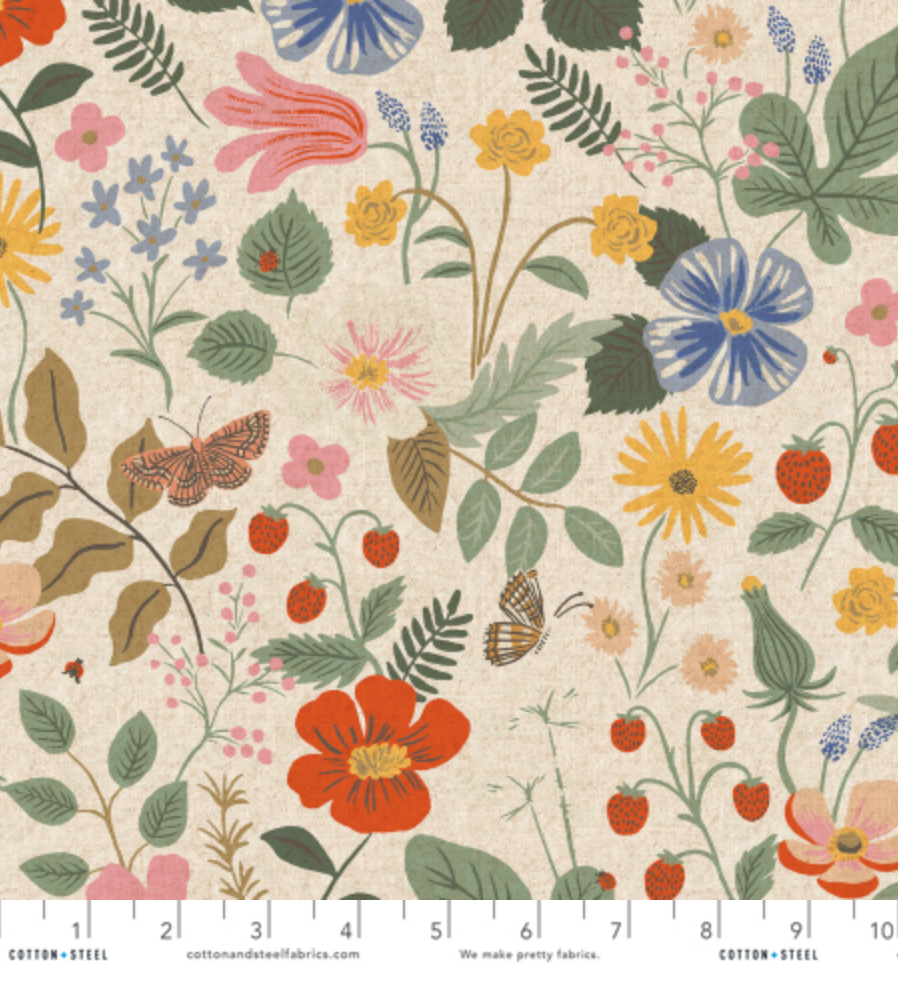 Strawberry Fields Linen Unbleached Canvas by Rifle Paper Co. – natural canvas fabric with strawberries and blossoms from Cotton + Steel.