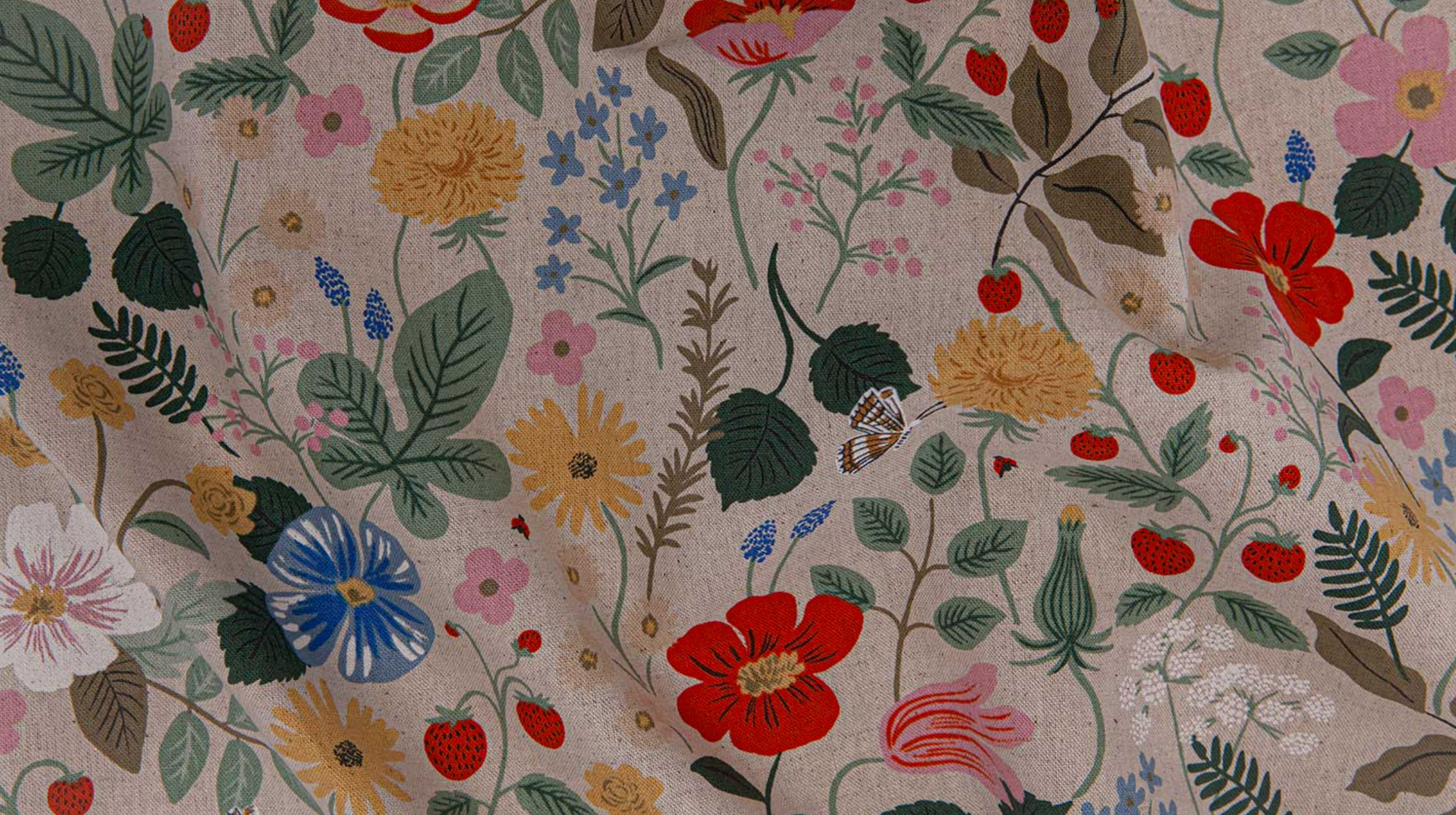 Strawberry Fields Linen Unbleached Canvas by Rifle Paper Co. – natural canvas fabric with strawberries and blossoms from Cotton + Steel.