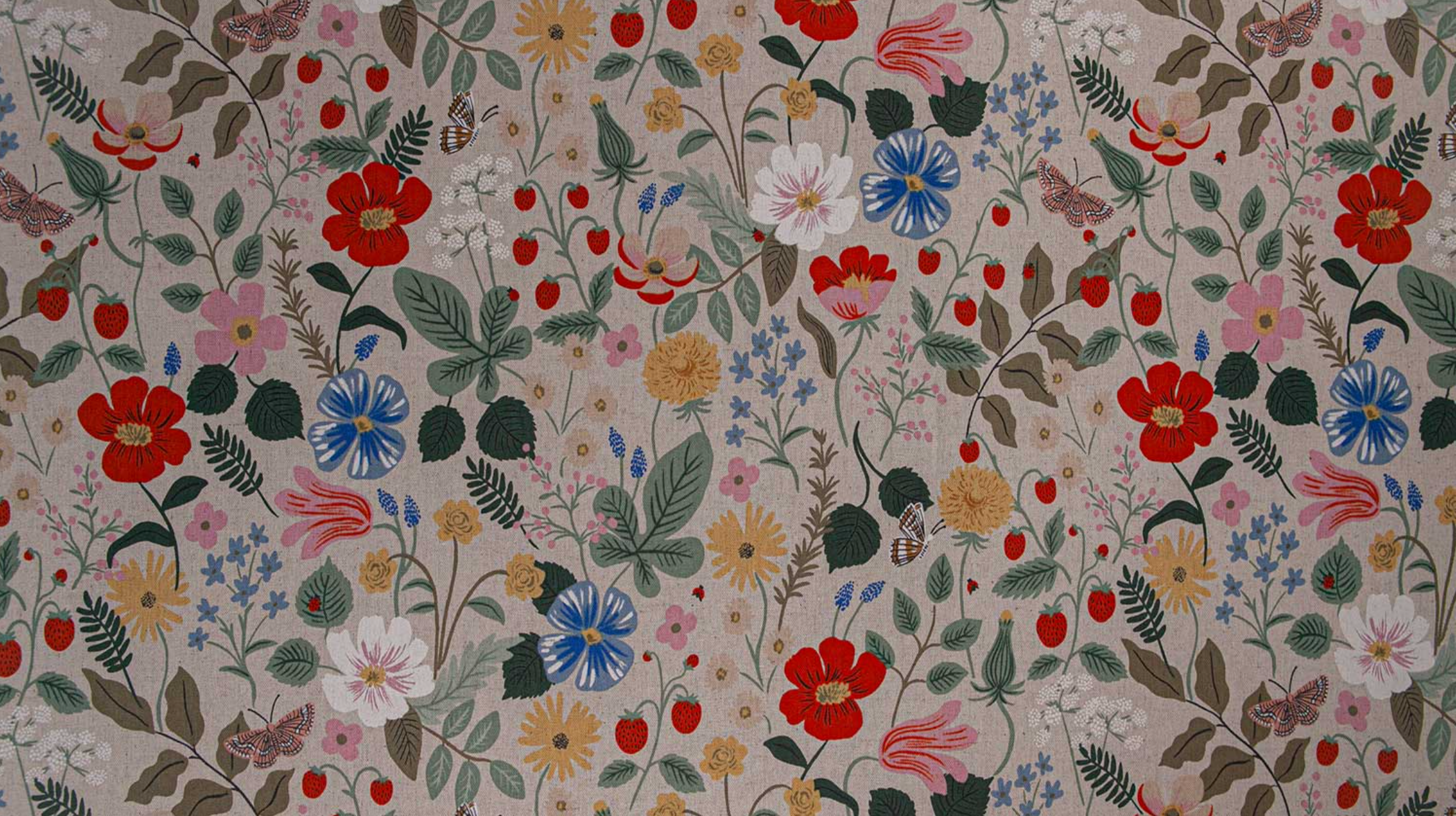 Strawberry Fields Linen Unbleached Canvas by Rifle Paper Co. – natural canvas fabric with strawberries and blossoms from Cotton + Steel.