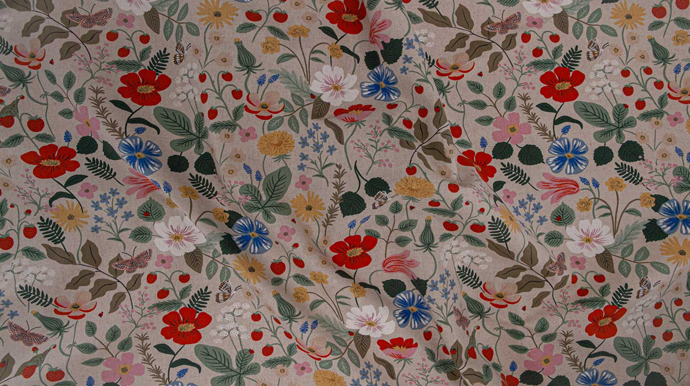 Strawberry Fields Linen Unbleached Canvas by Rifle Paper Co. – natural canvas fabric with strawberries and blossoms from Cotton + Steel.