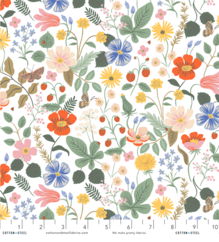 Strawberry Fields Floral Ivory Rayon Fabric by Rifle Paper Co for Cotton + Steel, lightweight drapey rayon for apparel sewing