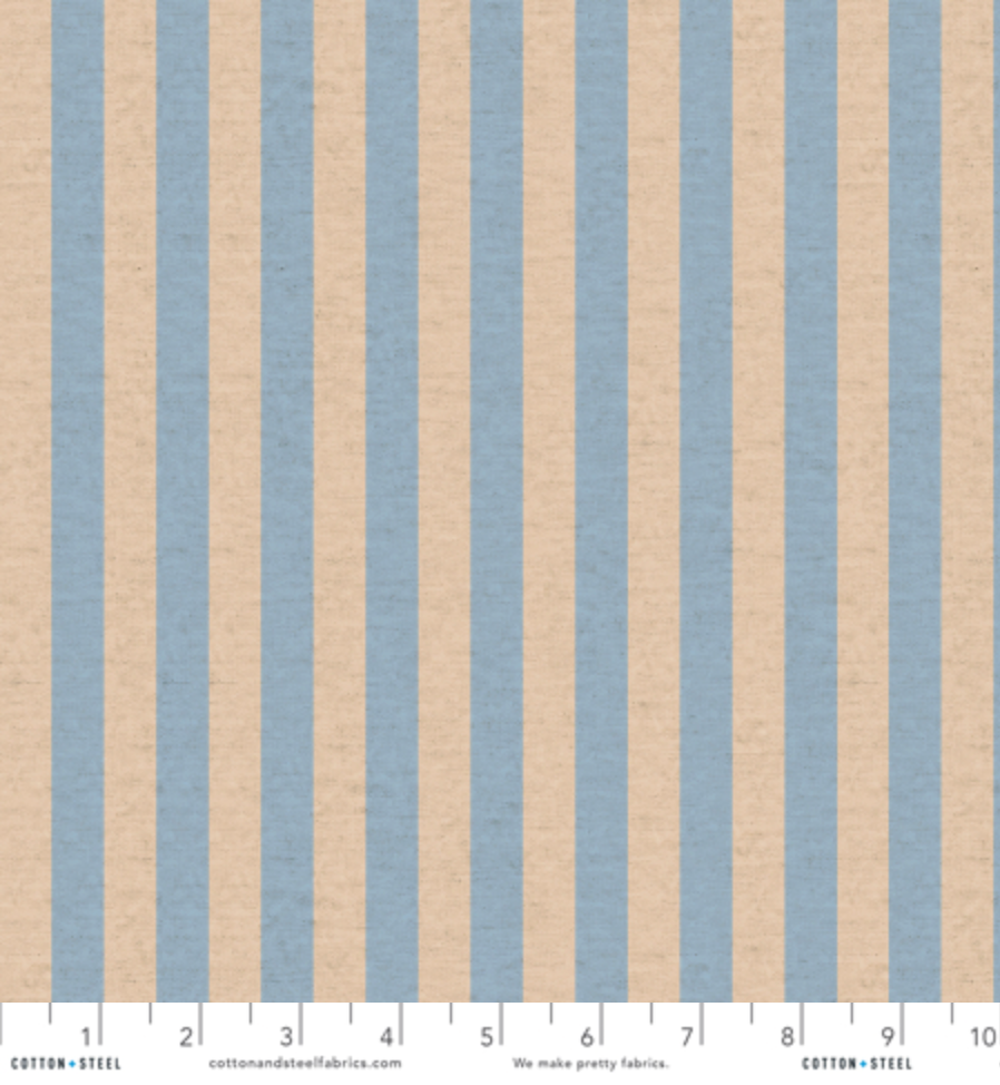 Primavera Cabana Stripe Periwinkle Canvas Fabric by Rifle Paper Co. for Cotton + Steel featuring wide blue and beige vertical stripes.