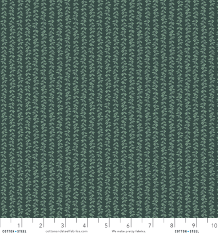 Strawberry Fields Laurel Stripe Hunter Fabric by Rifle Paper Co. for Cotton + Steel featuring green leaf stripe pattern on hunter background