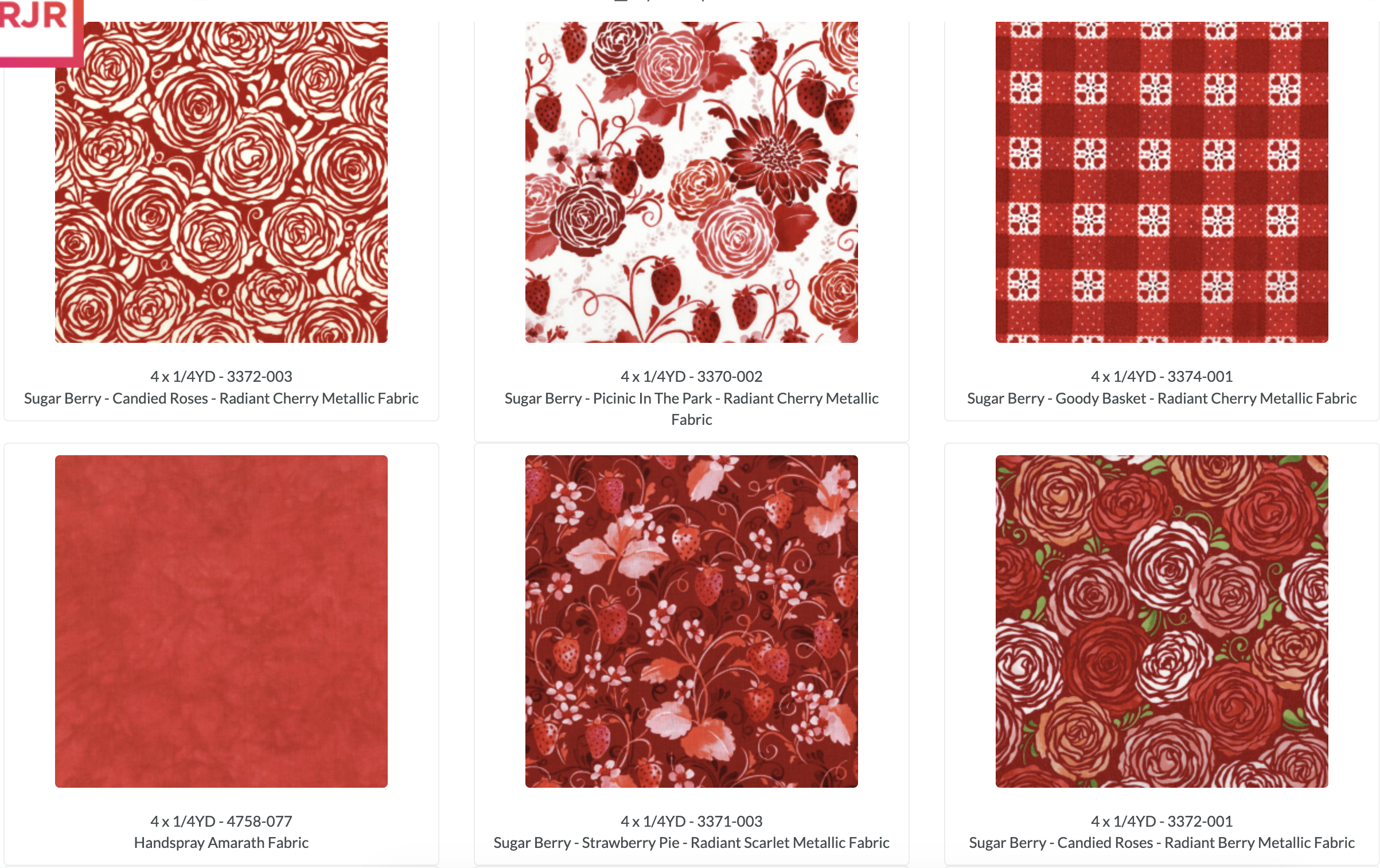Valentine Fat Quarter Box by RJR Studio for RJR Fabrics featuring 120 premium cotton fat quarters with 30 coordinating metallic glitter Valentine's prints in pink, red, burgundy, cream, and teal.