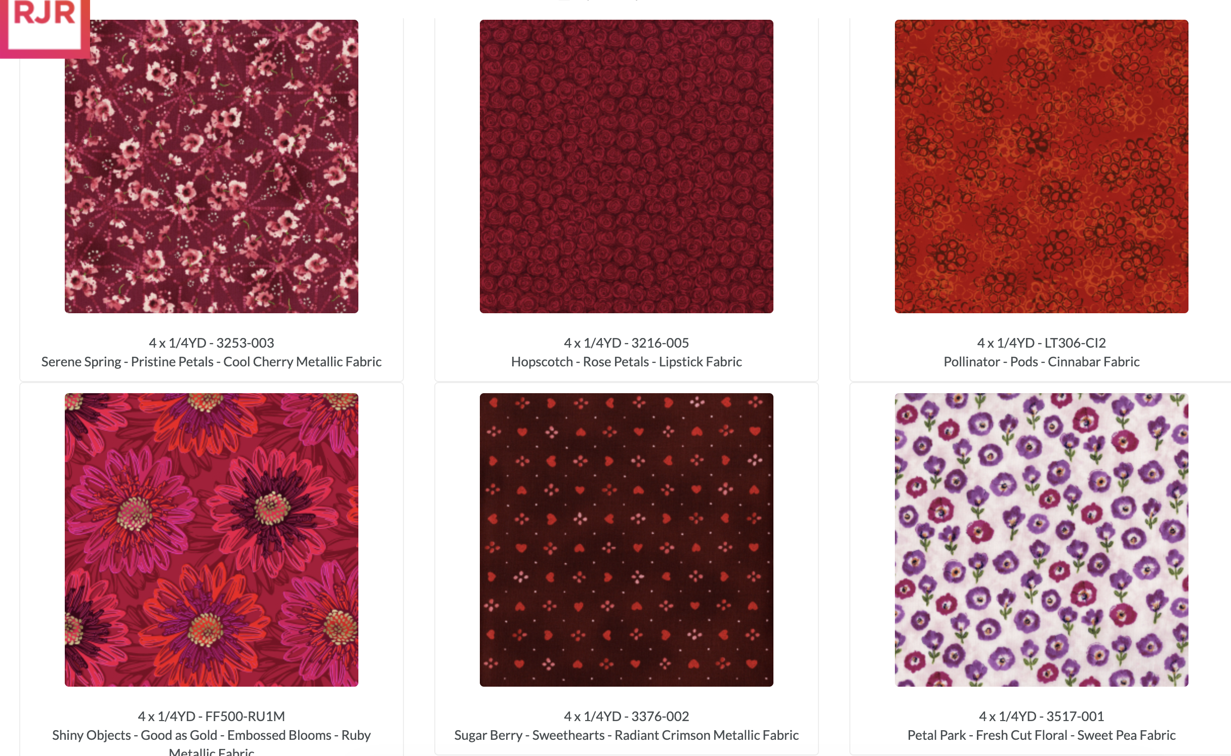 Valentine Fat Quarter Box by RJR Studio for RJR Fabrics featuring 120 premium cotton fat quarters with 30 coordinating metallic glitter Valentine's prints in pink, red, burgundy, cream, and teal.