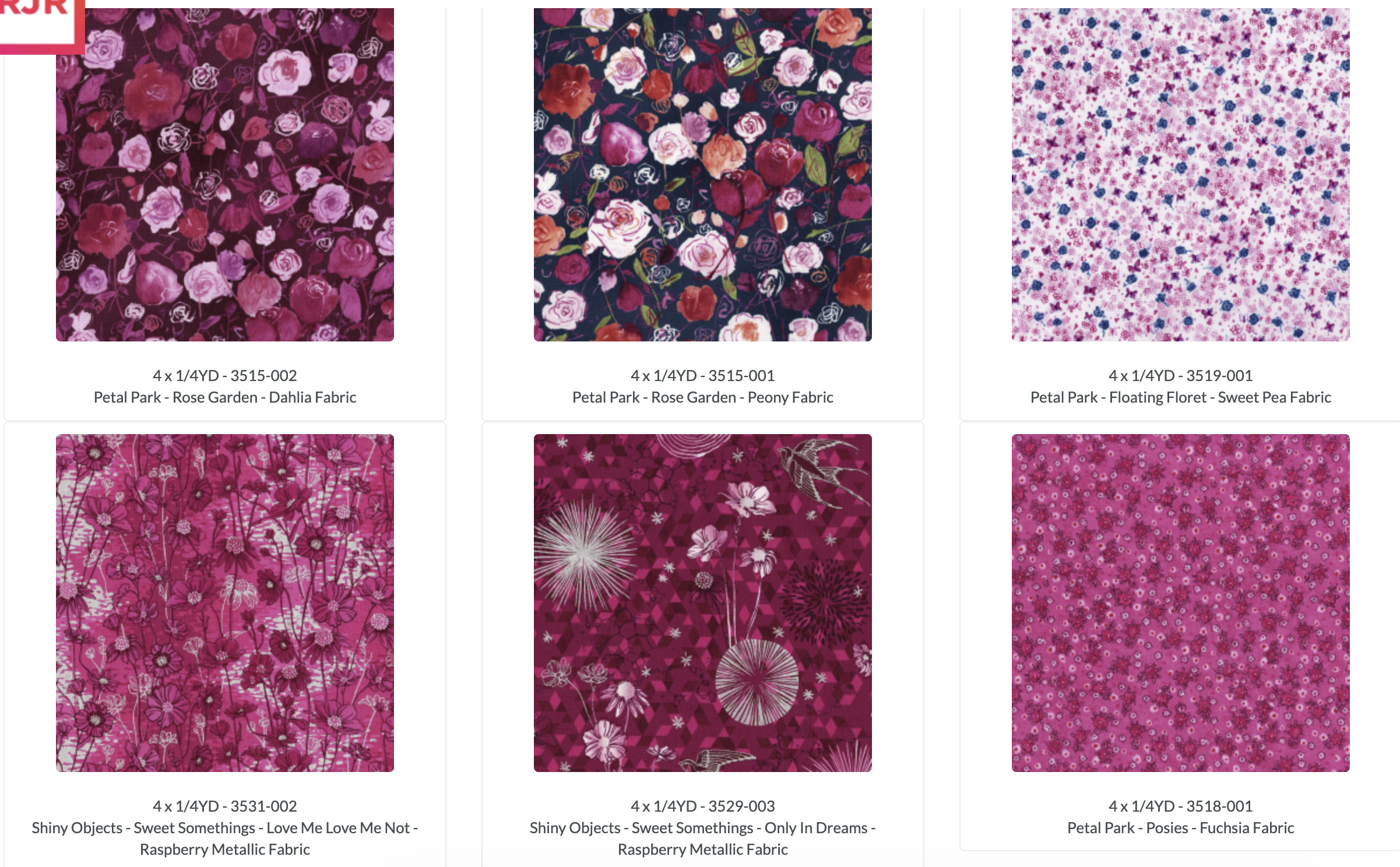 Valentine Fat Quarter Box by RJR Studio for RJR Fabrics featuring 120 premium cotton fat quarters with 30 coordinating metallic glitter Valentine's prints in pink, red, burgundy, cream, and teal.