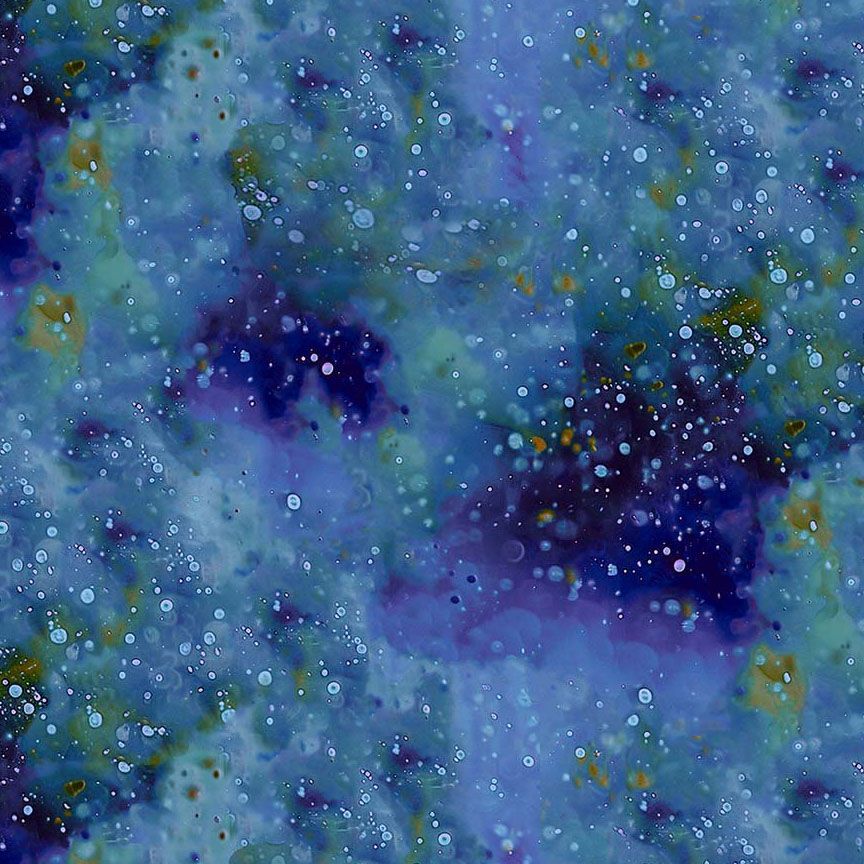 Lumiere Dotty Kiln Texture Cobalt fabric by Timeless Treasures featuring mottled cobalt blue, aqua, teal, indigo, and green tones with scattered light dots.