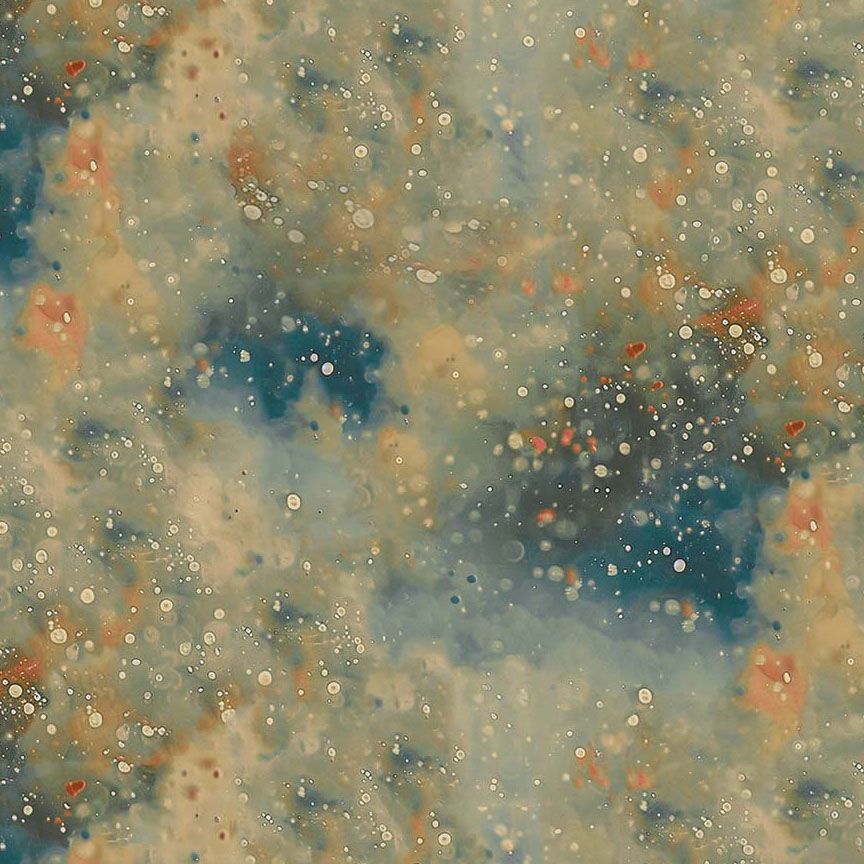 Lumiere Dotty Kiln Texture Earth fabric by Timeless Treasures featuring mottled sage, taupe, beige, muted blue, olive, and soft rust tones with scattered light dots.