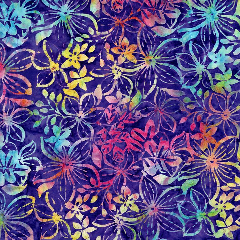 Star Flowers Calypso Tonga Batik fabric by Timeless Treasures featuring layered purple, aqua, green, yellow, orange, coral, and pink floral motifs on a deep purple background.