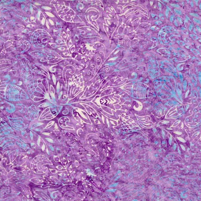 Aquatic Floral Plum Tonga Batik fabric by Timeless Treasures featuring layered plum, purple, lavender, aqua, and cream floral and swirling botanical motifs.