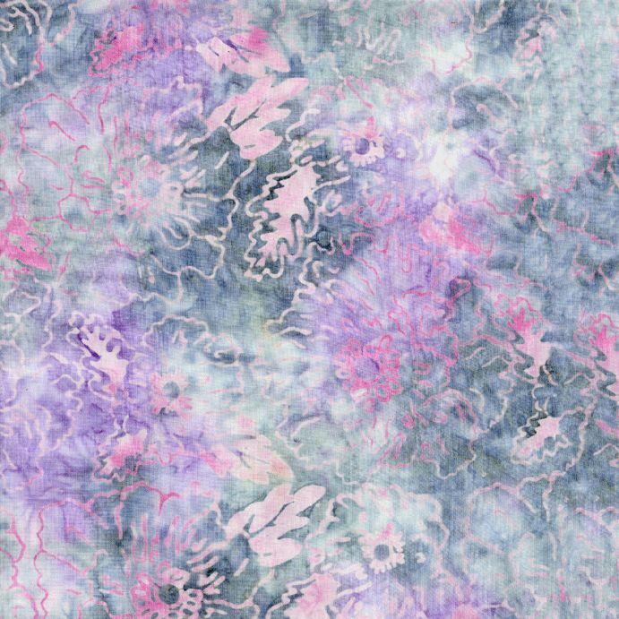 Floral Patch Mauve Tonga Batik fabric by Timeless Treasures featuring soft mauve, lavender, blush pink, aqua, grey, and teal floral motifs on a watercolor-style background.