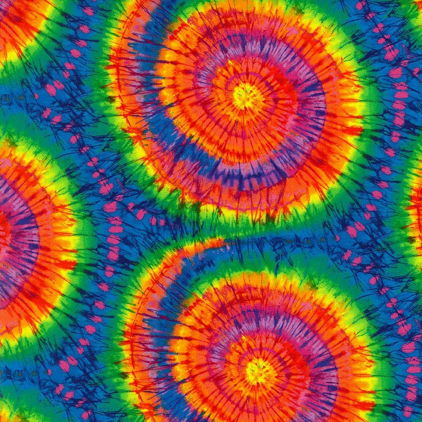 Cassidy Multi Tie-Dye fabric by Timeless Treasures featuring large rainbow spiral tie-dye circles in blue, green, yellow, orange, red, pink, and purple.