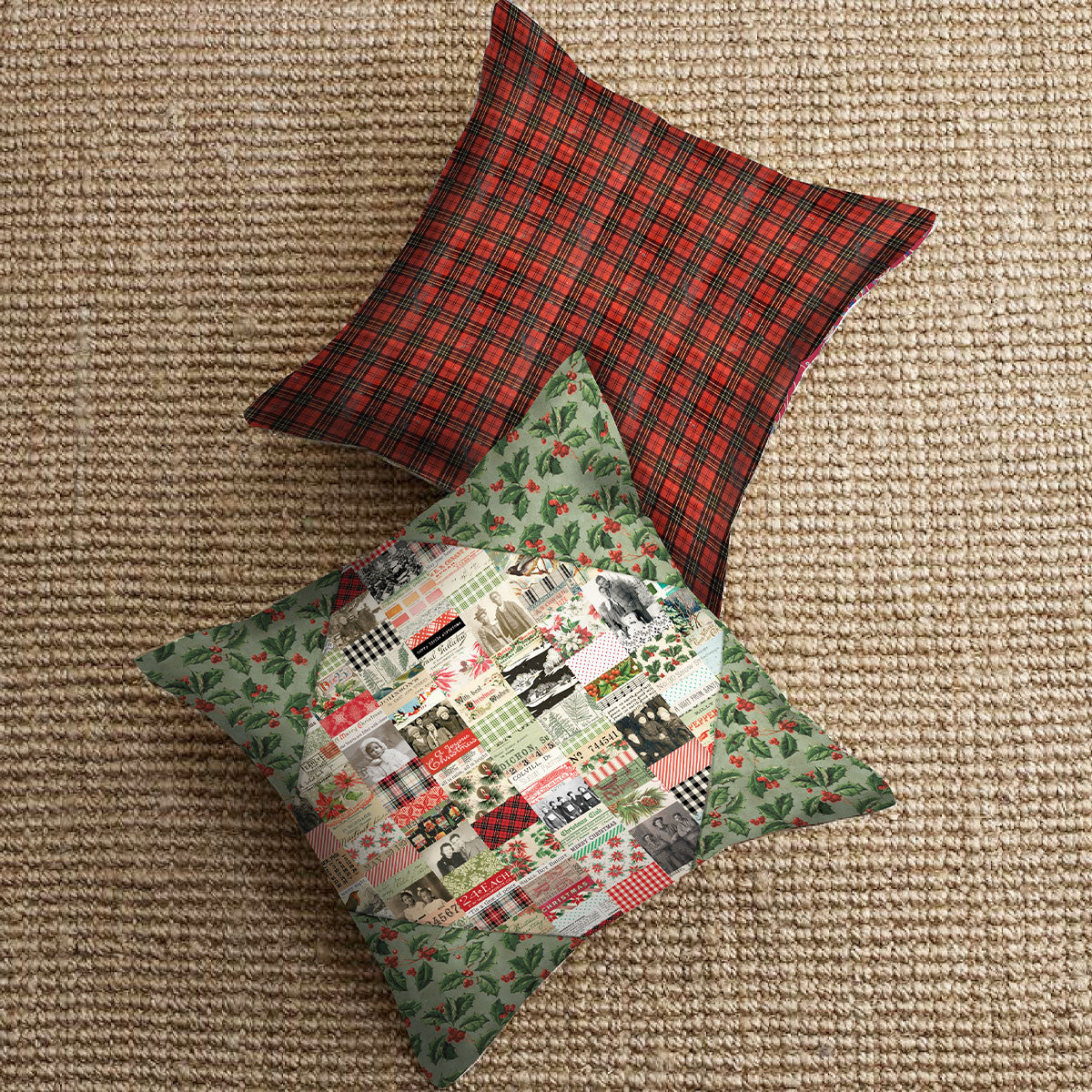 Handmade reusable shopping bags and decorative throw pillows sewn from Tim Holtz Christmas Holly canvas fabric displayed in a cozy vintage-inspired holiday setting.