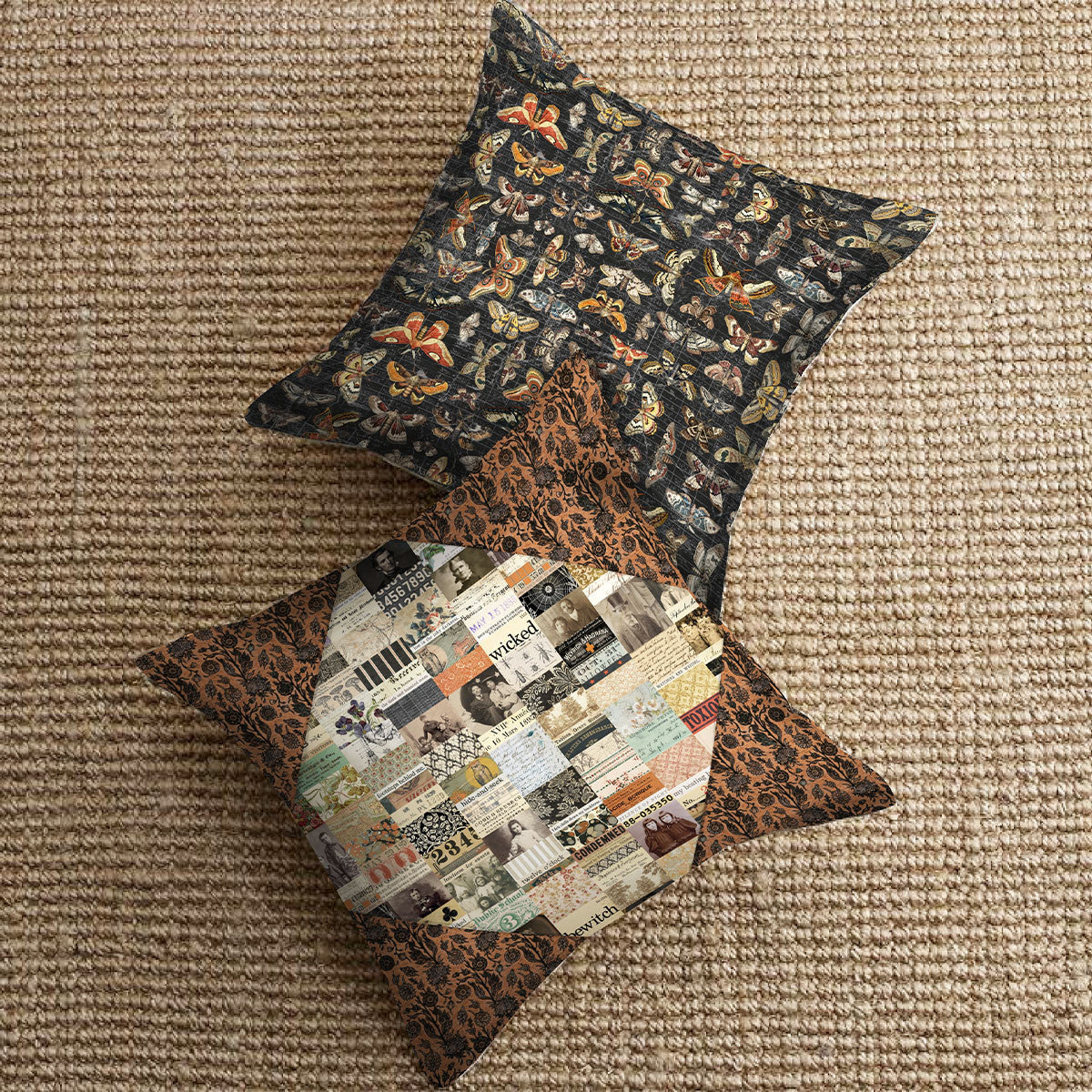 Decorative throw pillows sewn from Tim Holtz Halloween Gothic Tapestry canvas fabric displayed with coordinating Tim Holtz Halloween prints in a vintage-inspired home décor setting.