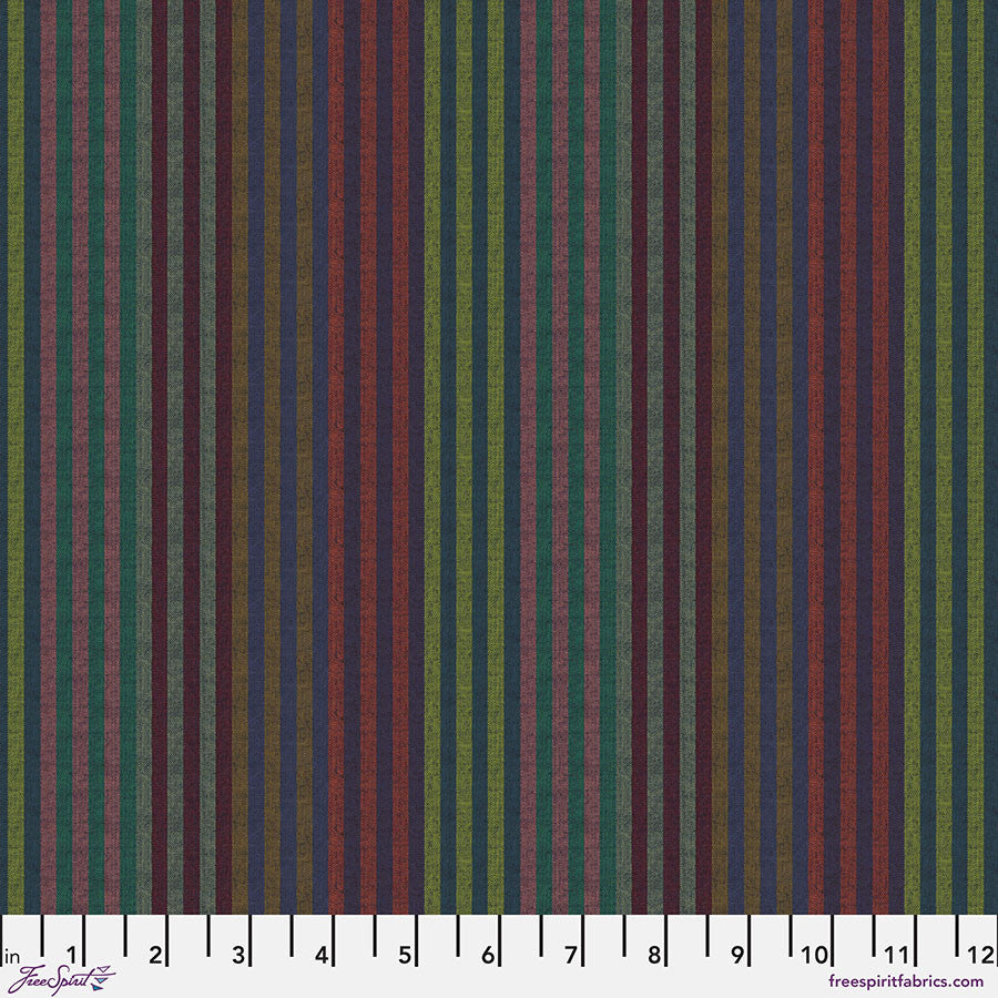 Kaffe Fassett Caterpillar Stripe Twilight fabric with vertical stripes in deep jewel tones