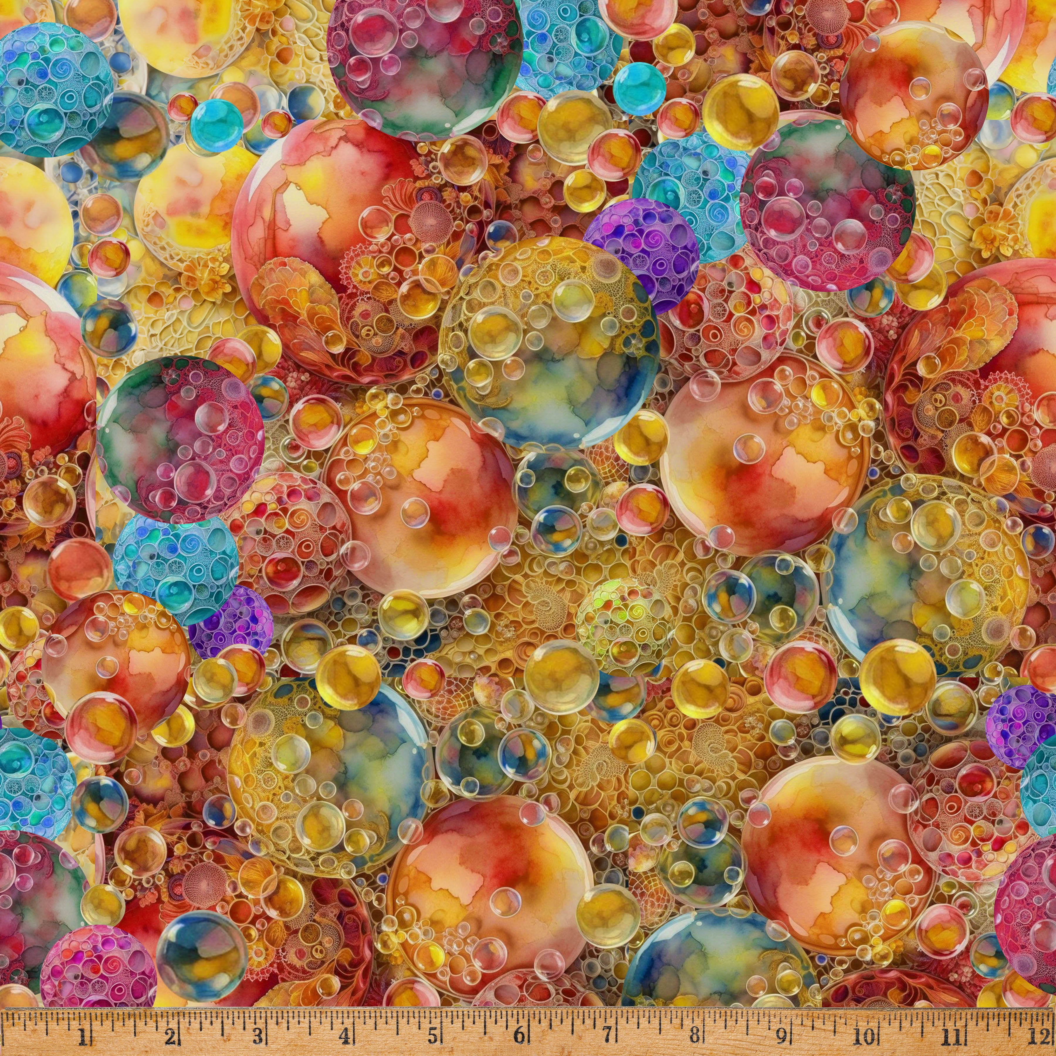 Bubblelicious Gold digital print fabric by Marlies Janssen of Candy Quilt Designs for Hoffman Fabrics featuring vibrant multicolored watercolor bubbles in shades of gold, coral, turquoise, blue, purple, and amber on premium quilting cotton.