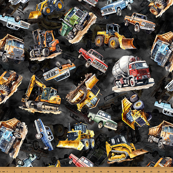 Heavy Haulers Black fabric from the Hammer Down collection featuring excavators, dump trucks, bulldozers, cement mixers, forklifts, loaders, pickup trucks, and construction vehicles on a black background printed on premium quilting cotton.