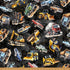 Heavy Haulers Black fabric from the Hammer Down collection featuring excavators, dump trucks, bulldozers, cement mixers, forklifts, loaders, pickup trucks, and construction vehicles on a black background printed on premium quilting cotton.