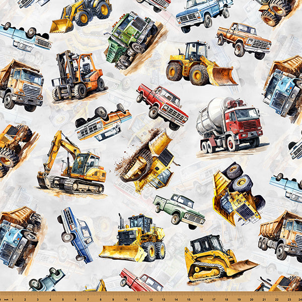 Heavy Haulers Light Gray fabric from the Hammer Down collection by Hoffman Fabrics featuring excavators, dump trucks, bulldozers, cement mixers, forklifts, loaders, skid steers, pickup trucks, and construction vehicles on a light gray background with subtle blueprint details printed on premium quilting cotton.
