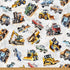 Heavy Haulers Light Gray fabric from the Hammer Down collection by Hoffman Fabrics featuring excavators, dump trucks, bulldozers, cement mixers, forklifts, loaders, skid steers, pickup trucks, and construction vehicles on a light gray background with subtle blueprint details printed on premium quilting cotton.