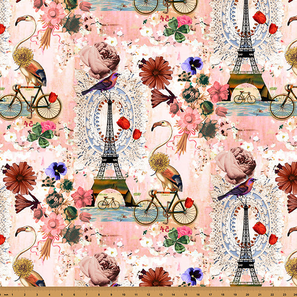 Paris Luck Ballet Pink digital print fabric by Villa Rosa Designs for Hoffman Fabrics featuring the Eiffel Tower, vintage bicycles, flamingos, flowers, birds, lace, and French-inspired motifs on a soft ballet pink background.