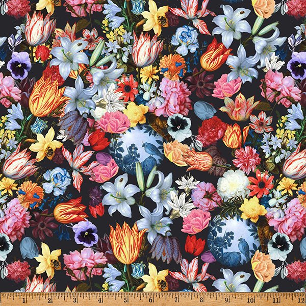 Midnight Bouquet Onyx fabric from the Paris Luck collection by Hoffman Fabrics featuring colorful tulips, lilies, roses, pansies, and other garden flowers surrounding blue-and-white Delft-inspired porcelain vases on a dramatic black background printed on premium quilting cotton.
