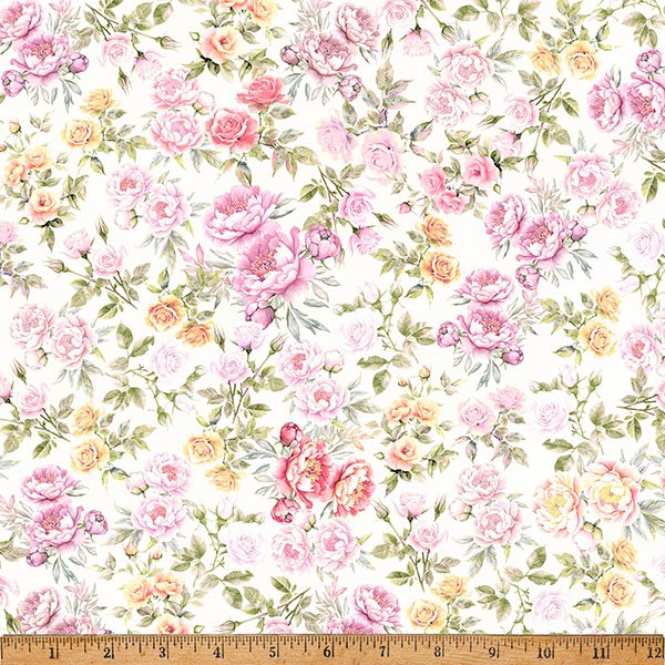 Floral Tea Rose fabric from the Soiree collection by Hoffman Fabrics featuring delicate pink roses, peonies, cream blossoms, and soft green foliage scattered across a white background on premium quilting cotton.