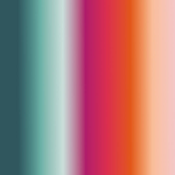 Bubblelicious Horizon digital print fabric by Marlies Janssen for Hoffman Fabrics featuring smooth vertical ombré stripes blending teal, aqua, white, magenta, coral, orange, peach, and blush on premium quilting cotton.