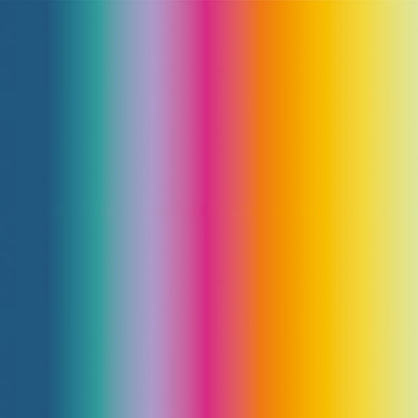 Bubblelicious Daybreak digital print fabric by Marlies Janssen for Hoffman Fabrics featuring smooth vertical ombré stripes blending navy blue, teal, lavender, magenta, coral, golden yellow, and buttery yellow on premium quilting cotton.
