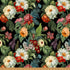 Tropical Garden Black fabric from the Island Bouquet collection by Hoffman Fabrics featuring lush tropical flowers, botanical leaves, and exotic blooms in ivory, cream, coral, blush, red, peach, sage, emerald, teal, and blue on a black background printed on premium quilting cotton.