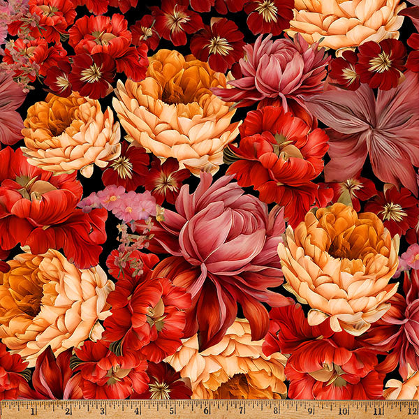 Tropical Garden Spice fabric from the Island Bouquet collection by Hoffman Fabrics featuring lush tropical flowers in shades of crimson, scarlet, coral, blush, peach, apricot, and burgundy on a black background printed on premium quilting cotton.