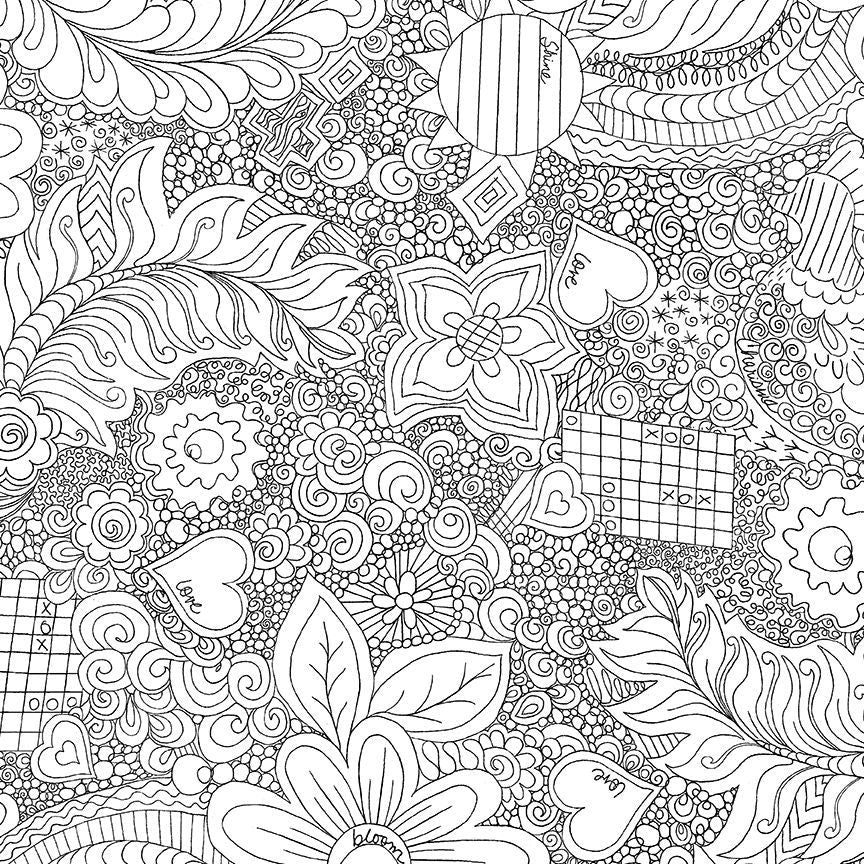 Doodle Floral White 108-inch wide quilt backing fabric by Charisma Horton for Timeless Treasures featuring black hand-drawn flowers, leaves, hearts, swirls, and doodles on a white background.