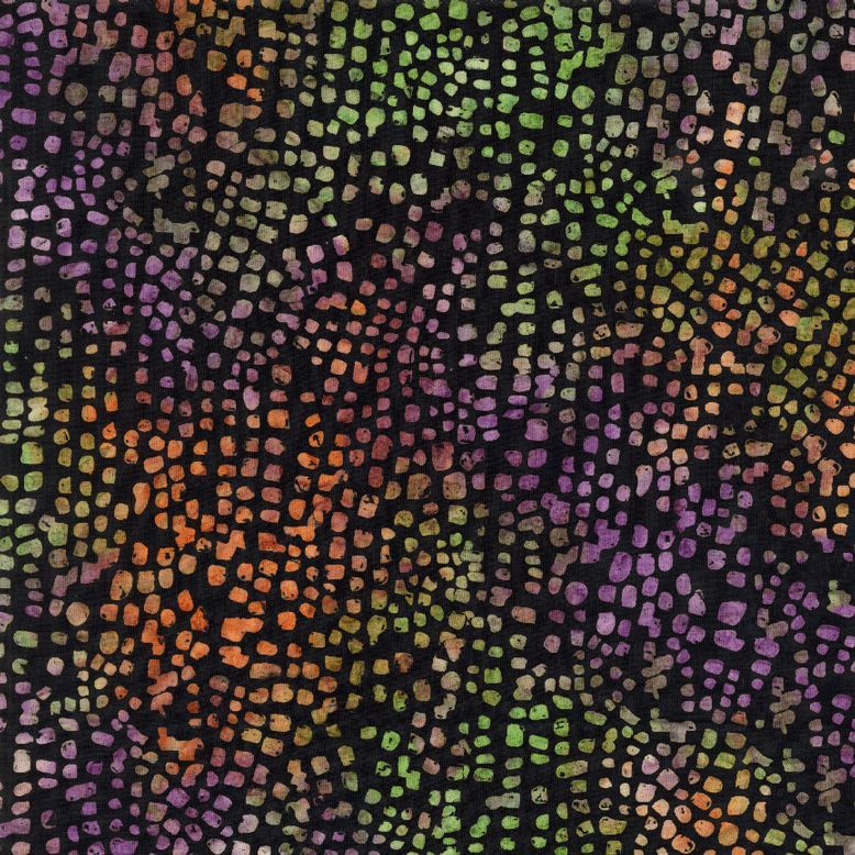 Natural Stone Tiles Raven 108-inch wide batik quilt backing fabric by Timeless Treasures featuring small purple, green, orange, mauve, tan, and gold mosaic shapes on black.