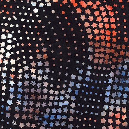 Stars & Dots America 108-inch wide batik quilt backing fabric by Timeless Treasures featuring scattered red, rust, blue, grey, cream, and white stars and dots on a black background.