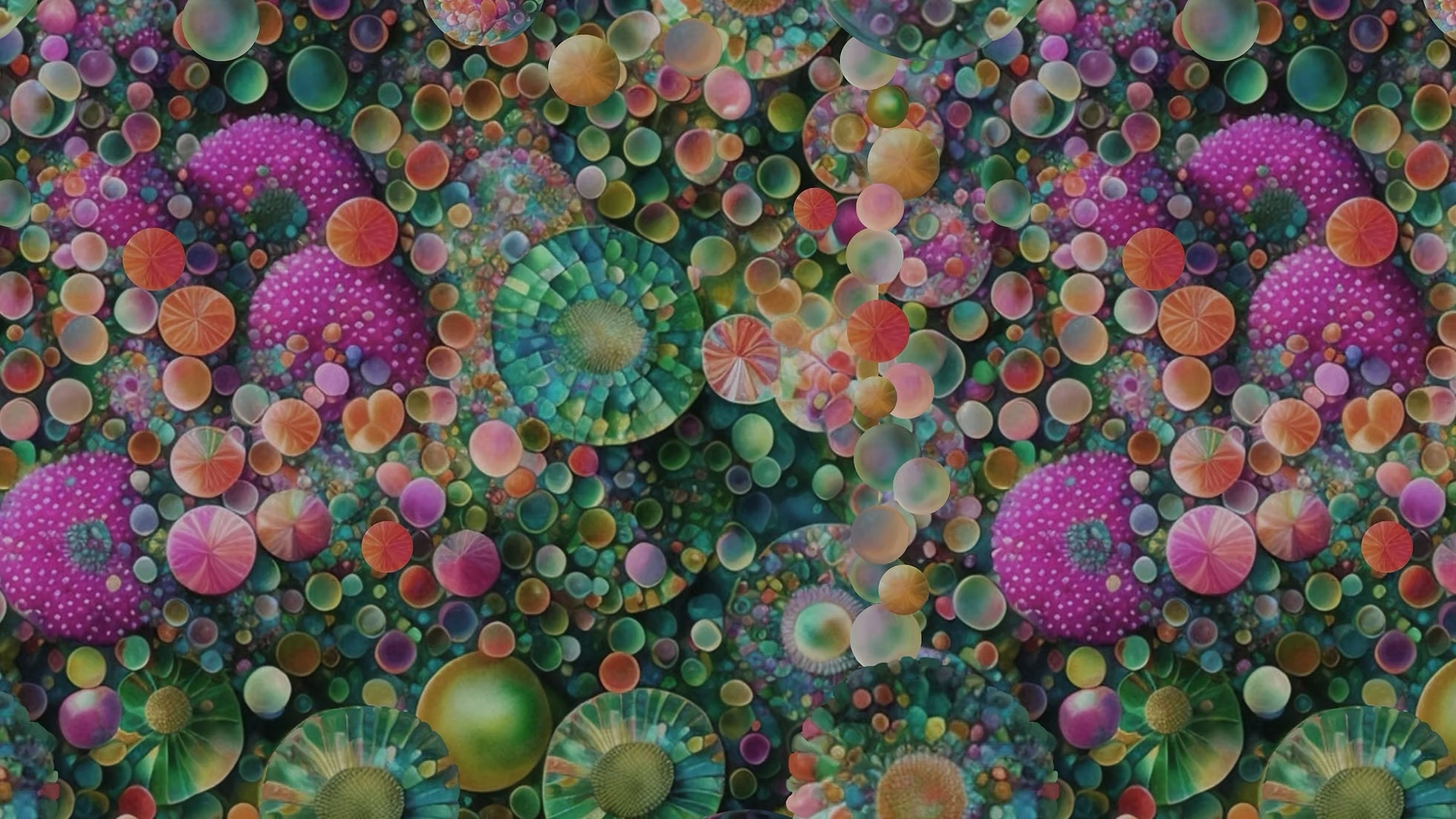 Kaleido Blooms Abalone digital print fabric by Marlies Janssen of Candy Quilt Designs for Hoffman Fabrics featuring colorful kaleidoscopic floral medallions, floating bubbles, and jewel-toned circles in shades of teal, emerald, aqua, magenta, coral, gold, lavender, and blue on premium quilting cotton.