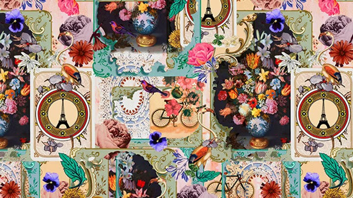 Paris Luck Patchwork digital print fabric by Villa Rosa Designs for Hoffman Fabrics featuring a Parisian collage of the Eiffel Tower, vintage postcards, bicycles, birds, florals, lace, and ornate frames on premium quilting cotton.