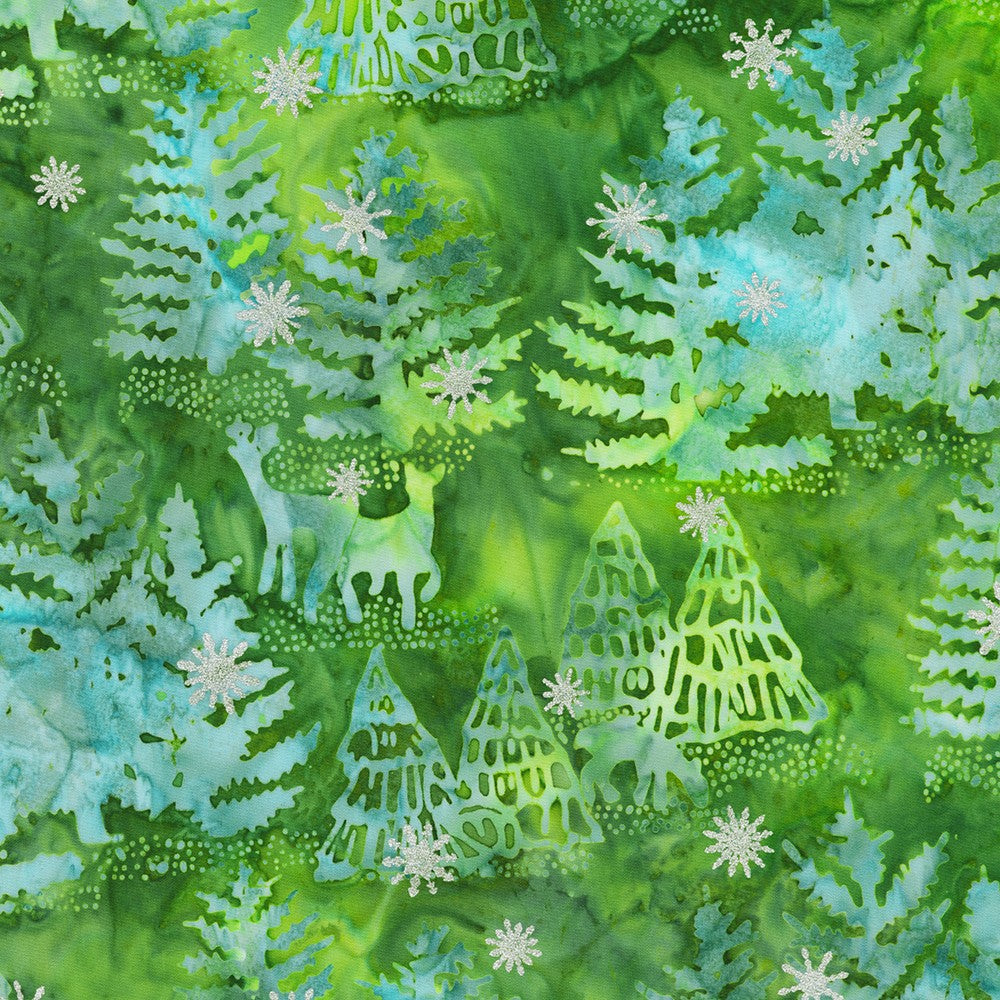 Artisan Batiks Evergreen Ice Sparkle Winter Forest Evergreen premium cotton batik featuring frosted evergreen trees, woodland deer, and metallic silver snowflakes in shades of green, turquoise, and aqua by Lunn Studios for Robert Kaufman.