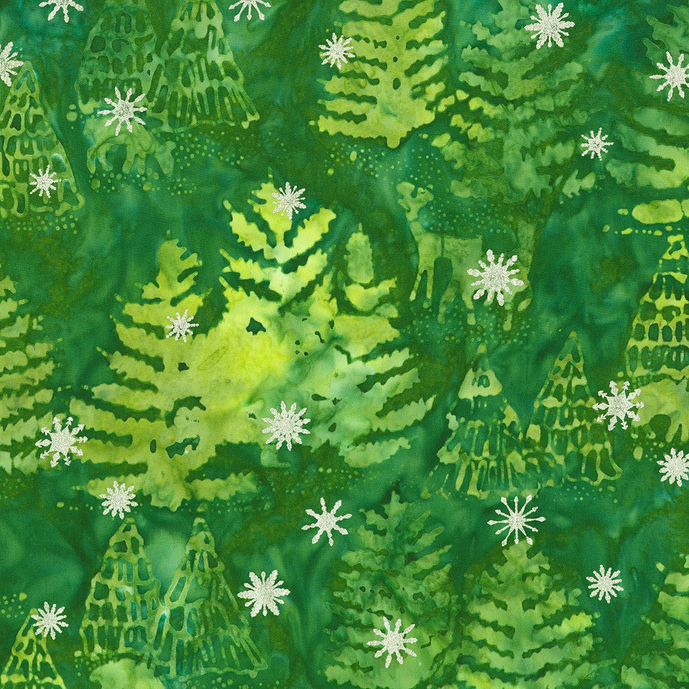 Artisan Batiks Evergreen Ice Sparkle Winter Forest Green premium cotton batik featuring evergreen trees, woodland deer, and metallic silver snowflakes by Lunn Studios for Robert Kaufman.