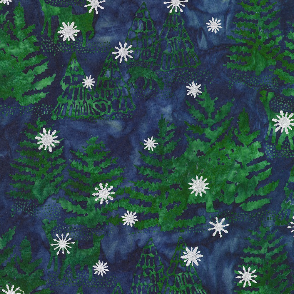 Artisan Batiks Evergreen Ice Sparkle Winter Forest Evening premium cotton batik featuring evergreen trees, woodland deer, and metallic silver snowflakes on a deep navy blue background by Lunn Studios for Robert Kaufman.