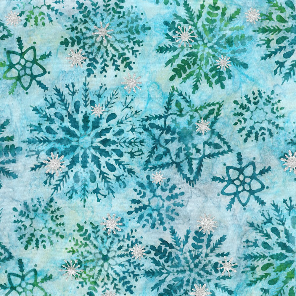 Artisan Batiks Evergreen Ice Sparkle Frosted Snowflakes Winter premium cotton batik featuring large frosted snowflakes with metallic silver accents in icy blue, aqua, teal, and soft white by Lunn Studios for Robert Kaufman.