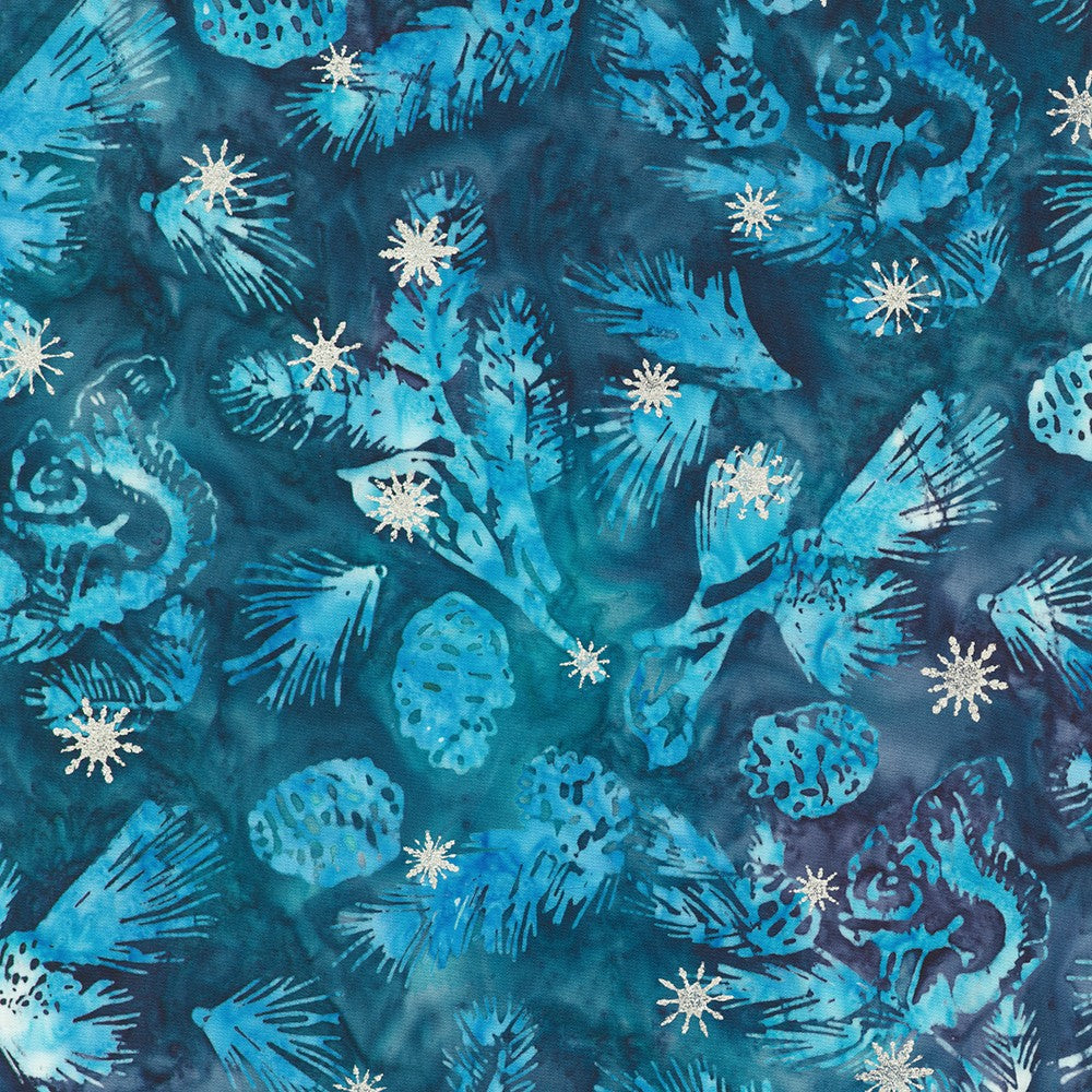 Artisan Batiks Evergreen Ice Sparkle Frosted Pinecones Water premium cotton batik featuring pinecones, evergreen needles, and metallic silver snowflakes in shades of water blue, teal, navy, and icy aqua by Lunn Studios for Robert Kaufman.