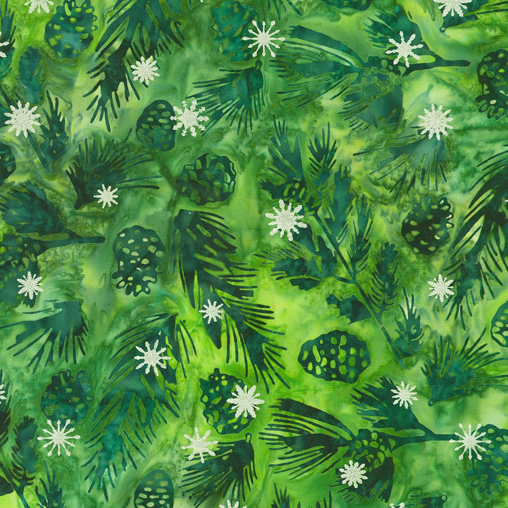 Artisan Batiks Evergreen Ice Sparkle Frosted Pinecones Pine batik fabric featuring green pinecones and evergreen branches with silver metallic accents on a rich pine green hand-dyed background.